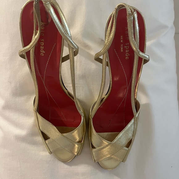Kate Spade Gold Fabric comfortable strap heels. - Picture 2 of 7